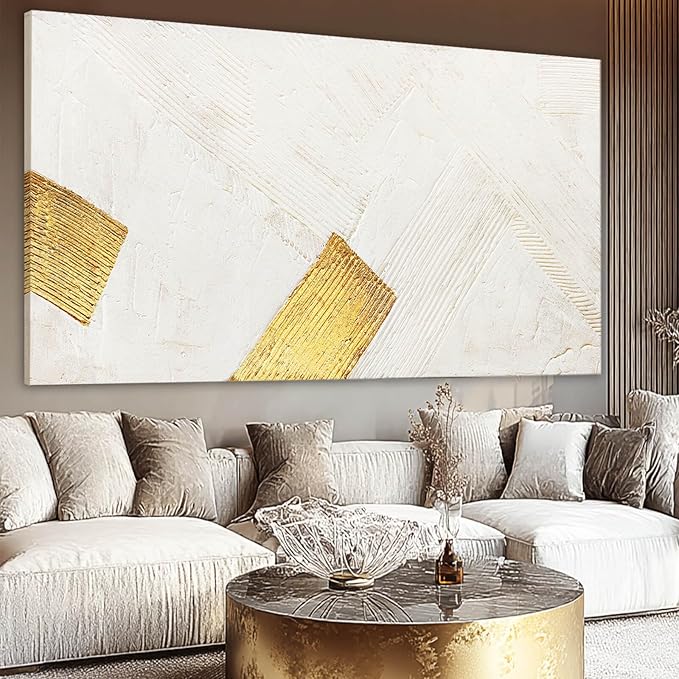 YJYart Large Canvas Wall Art Abstract Wall Decor White Modern Pictures Gold Hand Hand-Drawn Paintings For Home Office Hotel 29"x58"