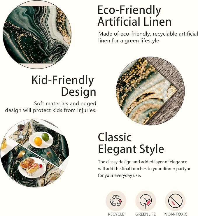 Placemats,Green Gold Flowing Marble Placemats 12x18 Inch Waterproof Non-Slip Washable Table Mats for Kitchen Dining Party Table Decor,Set of 6