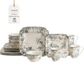 222 Fifth Adelaide 16-Piece Square Floral Dinnerware Set – Service for 4, Grey & White Porcelain Plates & Bowls, for Everyday Dining & Entertainment, Microwave & Dishwasher Safe, Chip Resistant