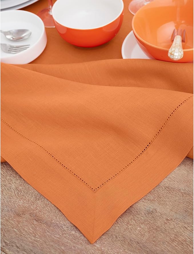 Solino Home Linen Tablecloth for Rectangle Tables 60 x 144 Inch - Classic Hemstitch 100% Pure Linen Pumpkin Table Cloth - Machine Washable Cloth Tablecloth