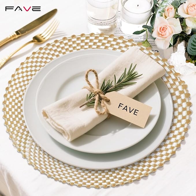FAVE 10 PCS Gold Vinyl Round Placemats, Spiral Hollow Out Design for Large Gatherings, Party Decor, Birthdays, Restaurant (15 Inch,10PCS)