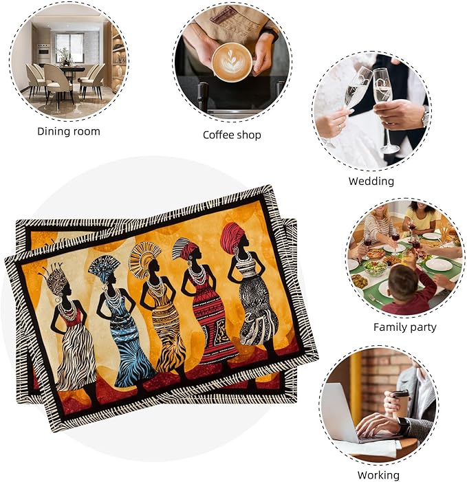 Kwanzaa Placemats Set of 6, African American Christmas Table Mats, Black Women Washable Place Mats for Coffee Bar Home Party Indoor Kitchen Dining Table Decoration 12x18 Inch