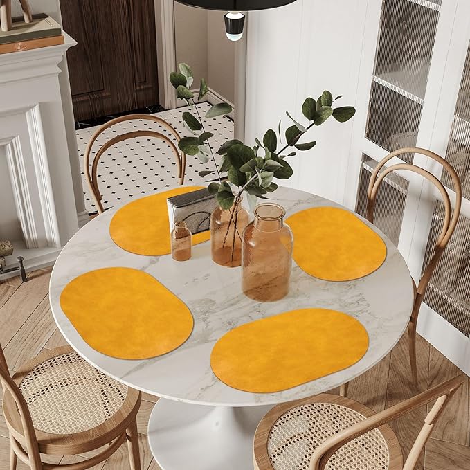 ADRIMER Placemats, Heat Resistant Oval Placemats Set of 4 Washable 12 x 17 Inch, Waterproof Table Mats, Wipeable Pu Place Mats for Kitchen, Dining Room, Yellow