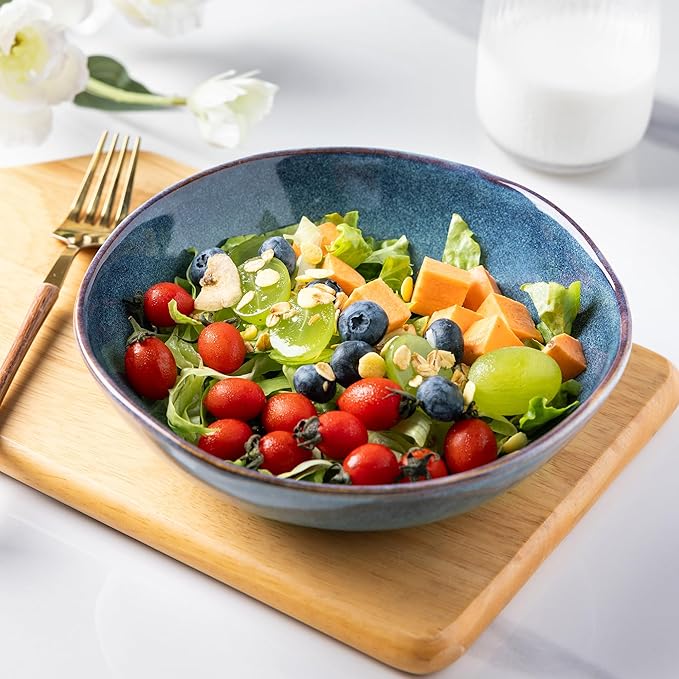 AmorArc Ceramic Cereal Bowls Set of 6, 24 oz Handmade Stoneware Bowls for Cereal Soup Salad Bread, Stylish Kitchen Bowls for Meal, Dishwasher & Microwave Safe-Ceylon Blue