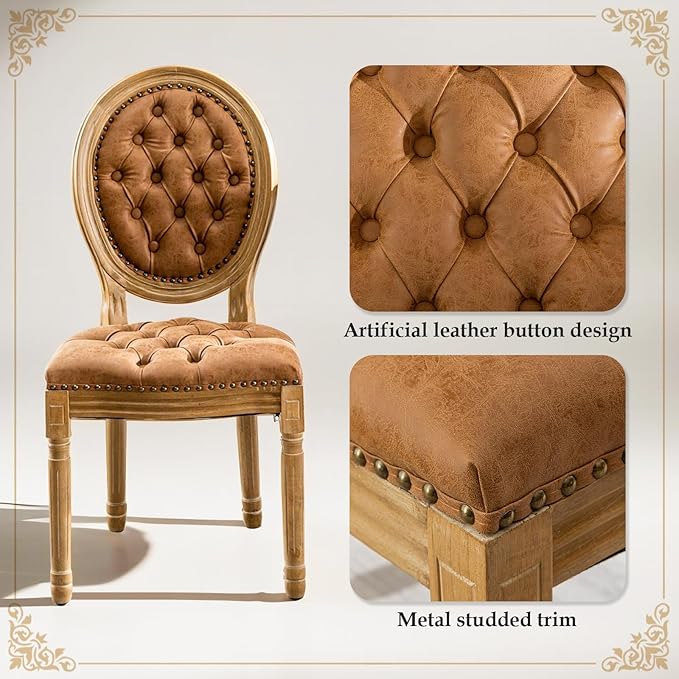 SoarFlash French Dining Chairs Set of 6, Vantage Dining Chair with Round Back, Farmhouse Country PU Leather Dining Chair for Kitchen,Bedroom,Orange