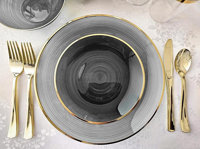 " OCCASIONS " 240 Pieces Pack,(120 Guests) Premium Wedding Party Disposable Plastic Plates Set -120 x 10'' Dinner + 120 x 7'' Salad/Dessert (Belize in Black & Gold)