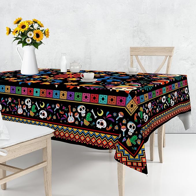 Mexican Tablecloth Rectangle 60 x 120 Inch, Cinco De Mayo Flower Skull Table Cloth Fiesta Indoor Decorations for Dining Room Party
