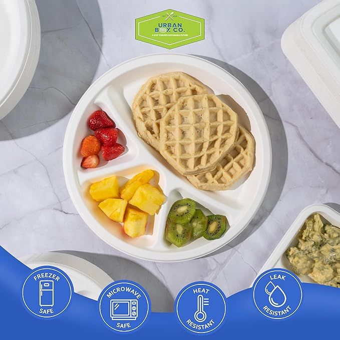 Urban Box Co. 12-Inch 4-Compartment Compostable Plates, Heavy-Duty Eco-Friendly Sugarcane Fiber, Biodegradable & PFAS-Free, BPI-Certified, Compostable Dinner Plates, 150 Pack