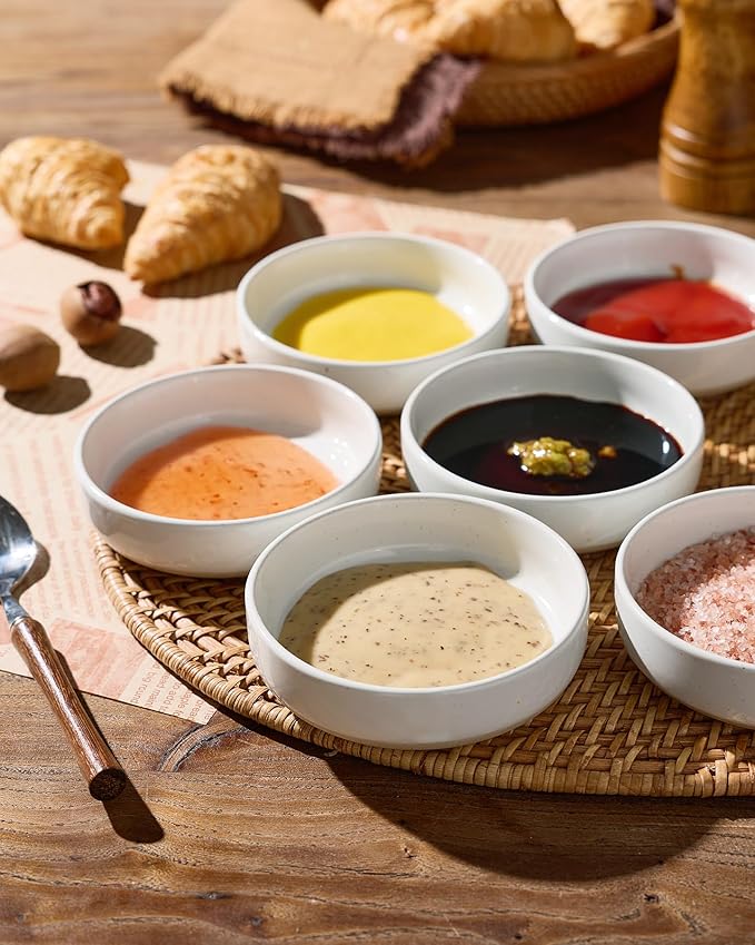 famiware Milkyway Ceramic Soy Sauce Dish, Dipping Bowls Set of 6, Dipping Sauce Bowls/Dishes, 4oz Small Serving Bowls for Side Dishes, Condiment, Sushi, Appetizer, Dessert, White
