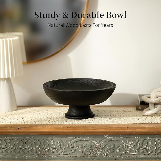 Hanobe Decorative Wood Bowl for Centerpiece: Wooden Black Pedestal Bowl Decor for Entry Way Table - Large Coffee Table Decor Dough Bowl for Fruit,Keys