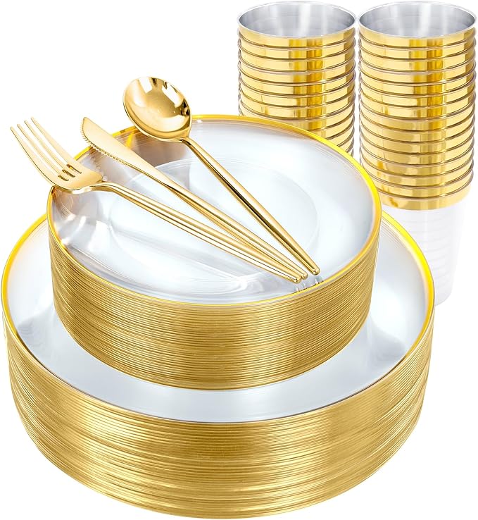 EI 180pcs Gold Plastic Plates,Clear Plates with Gold Trim,Plastic Plate for Party,Clear Dinnerware Set Silverware Cups for Baby Shower,Wedding,Spring Afternoon Tea