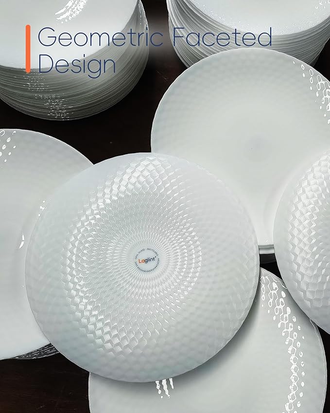Dinnerware Sets for 4, Light & Durable 12 Pieces Opal Glass Plates and Bowls Set, Dishwasher and Microwave Safe Dish Dinning Ware, Thin but Strong Geometric Faceted White