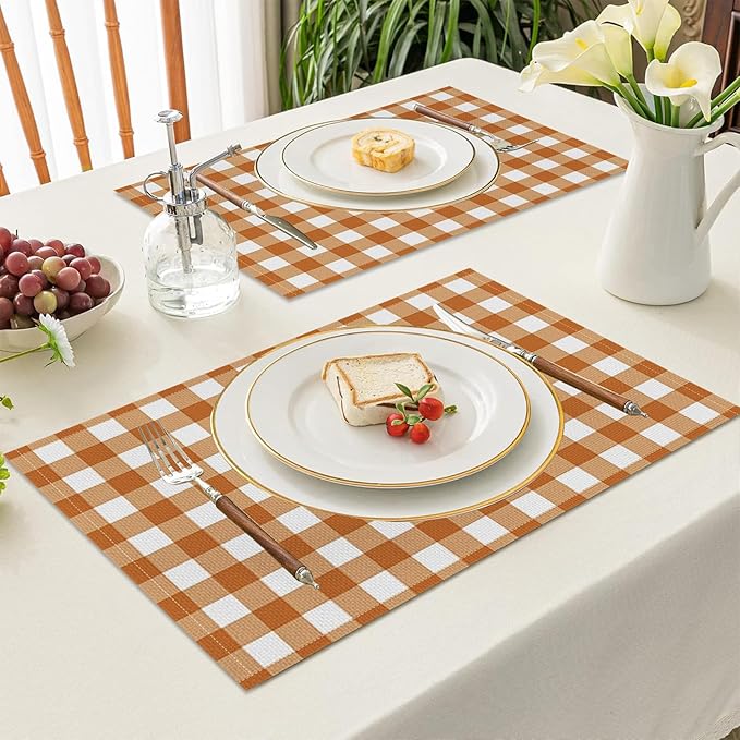 AOFOTO Brown Plaid Placemats Set of 4 for Dining Table Brown and White Checkered Place Mats Washable Rectangular Stripes Table Mats for Party Home Kitchen Restaurant Decor 12x18 Inch