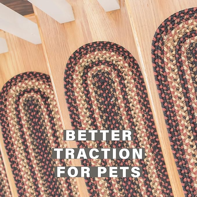 Homespice Prescott Jute Braided Staircase Step Treads, Country Primitive Decor, Set of 13, Black and Red 8x28 Oval Rug for Stairs - Easy to Clean, Tightly Stitched and Durable