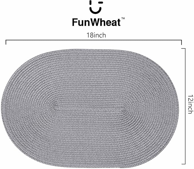 FunWheat Oval Braided Placemats Set of 6 Table Mats for Dining Tables Washable Heat Resistant Place Mats for Indoor Outdoor Use 12 x18 Inch(Oval Light Grey, 6pcs)