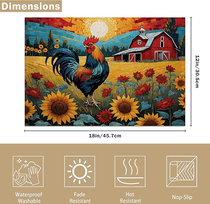 Painting Sunflowers Rooster 12x18 Inch Placemats Set of 6 - Waterproof, Non-Slip & Washable Table Mats for Kitchen & Dining Table Placemats
