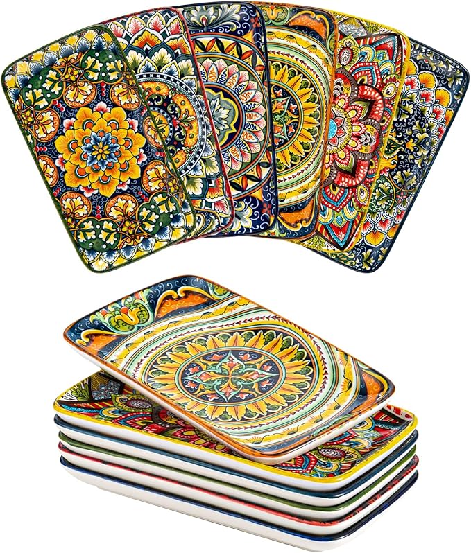 Henten Home Porcelain 8 Inch Dessert Plates, Ceramic Rectangular Salad Plate Set of 6, Bohemian Serving Dishes for Sushi, Appetizer, Cake, Sashimi, Microwave & Dishwasher Safe