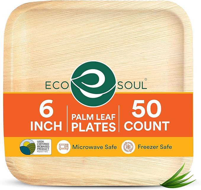 ECO SOUL Palm Leaf Plates 6" Square (50 Count) - Disposable, Eco-Friendly, Biodegradable Bamboo Appetizer Plates - Perfect Dinnerware for Parties, Weddings, Events & Holidays