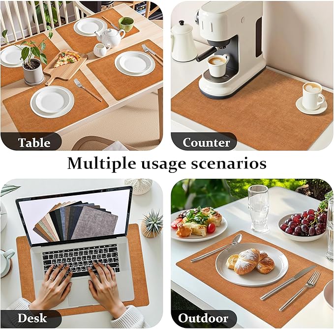 FROMHEART Faux Leather Placemats Set of 8–Waterproof,Heat/Oil Stain-Resistant PU Table Mat–Reversible,Non-Slip,Easy to Clean Place Mats for Kitchen,Dining,Indoor/Outdoor,(Orange-Grey,11.8" x 17")