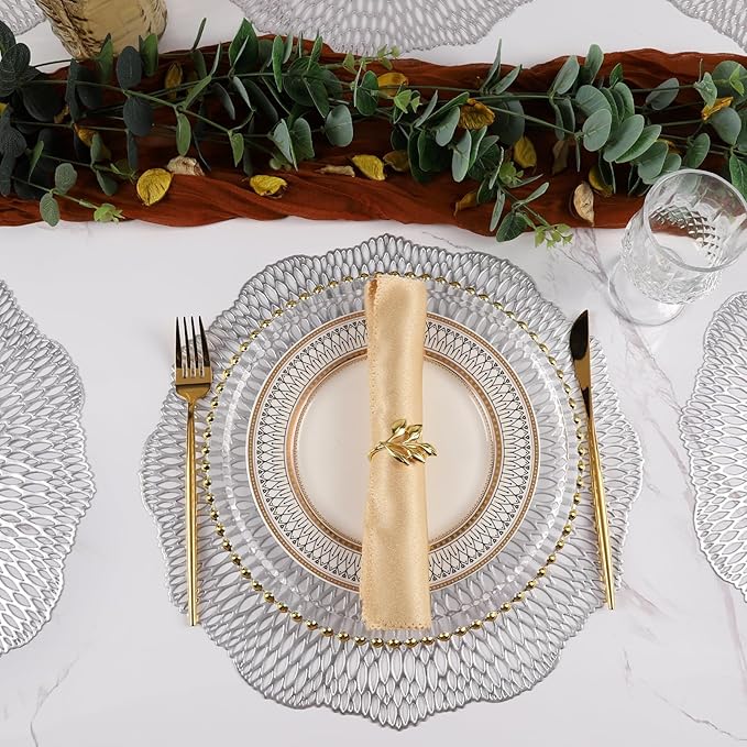 Round Placemats Set of 6, Hollow Out Table Mats Washable Wipeable Vinyl Place Mats for Wedding Party Kitchen Decorations