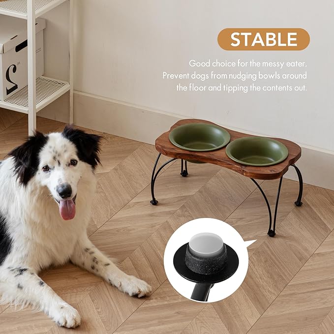 Ceramic 7.1-inch Raised Double-Bowl Set with Non-Slip Stand, 2.5 Cup Food or 24 oz Water Dishes for Medium and Dogs, Wide Opening with Rounded Edges(Olive Green)