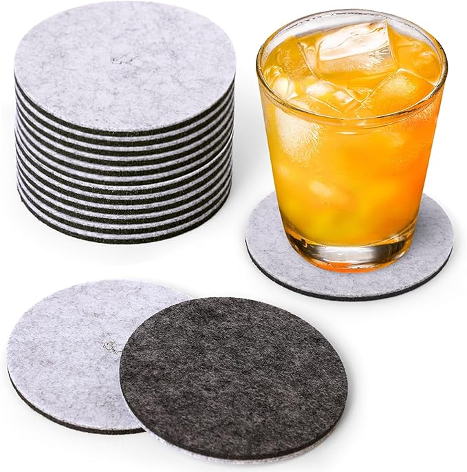 A&A Wonders Premium Felt Coasters for Drink, Two-Tone Reversible, Absorbent Felt Protects Furniture, Table, Anti Slip, Suitable for Drinks & All Table Types (Light Gray/Dark Gray, Circle 12 Pack)