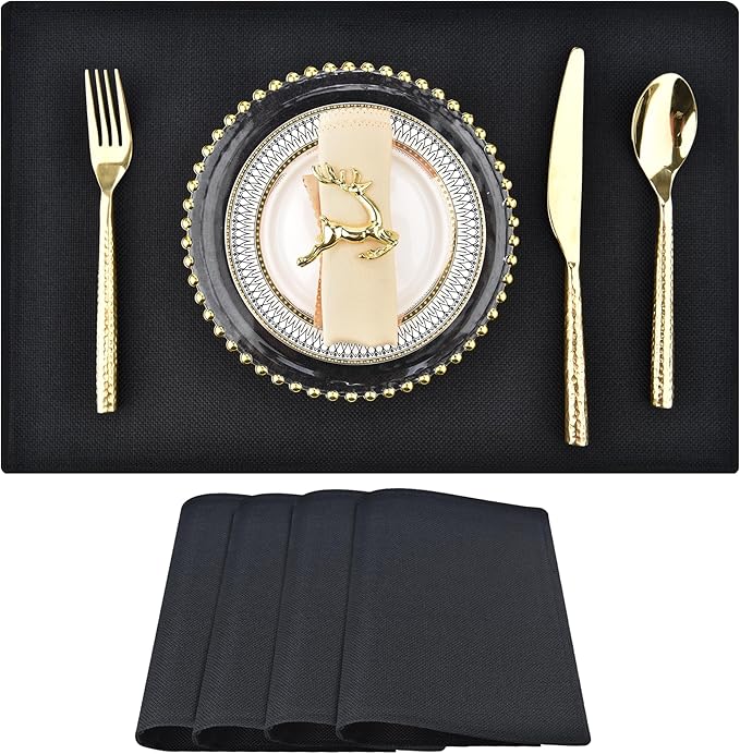 SLKQG Black Linen-Look Fabric Placemats Set of 4, Heat Resistant & Machine Washable Double-Layered Cloth Placemats for Dining Table, Indoor/Outdoor Use, Non-Slip Kitchen Table Mats (4, Black)