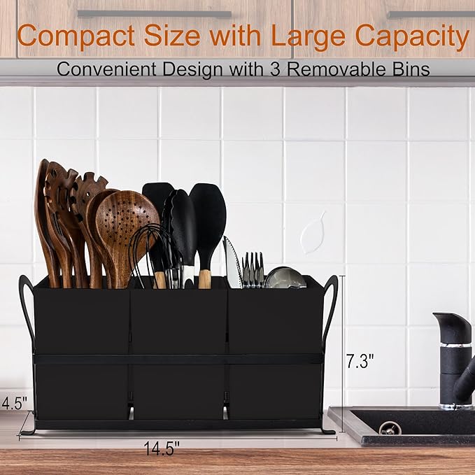 Large Kitchen Utensil Holder, Drainage Utensil Caddy for Countertop, 3pcs Bins Set Cooking Utensil Organizer for Spoons, Spatulas, Black