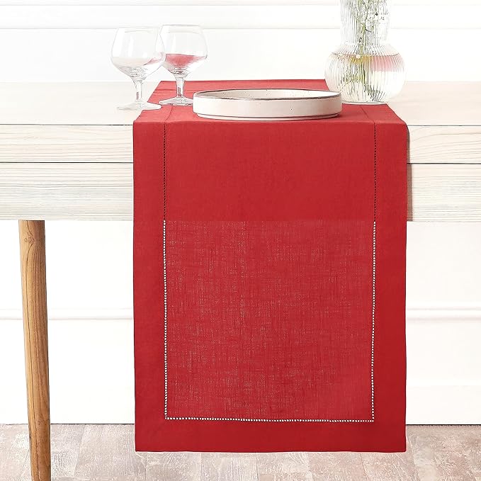 D'Moksha Homes Linen Bright Red Table Runner 72 Inches Long - 100% Pure Linen Hemstitch Table Runner 14 x 72 Inch for Dresser, Dining, Valentines, Spring, Easter - Classic Hemstitch