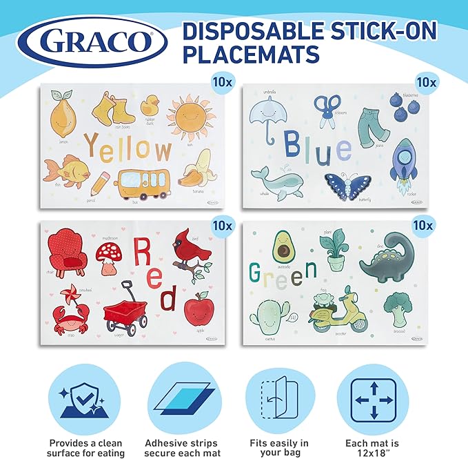 Graco Baby Disposable Stick-On Placemats, 40 Sheets with Assorted Designs, 12" x 18", Adhesive Table Mats for Mealtime, Home & Restaurant Use, Eco-Friendly