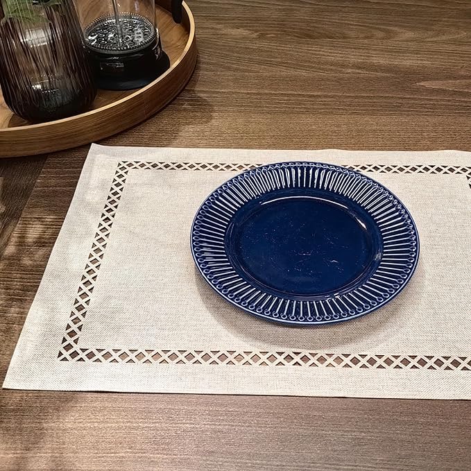 Placemats Set of 6 for Dining Table with Hollow Edge Design- Table Mats 12x 18 Inch, Cloth Place mats Machine Washable (Beige 6pcs)