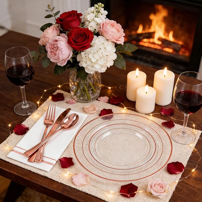 GATHER 350PCS Rose Gold Plastic Plates - Disposable Rose Gold Dinnerware Includes 100 Clear Rose Golds Rimmed Plastic Plates, 150 Silverware, 50 Napkins, 50 Cups for Party, Wedding, Valentine's Day