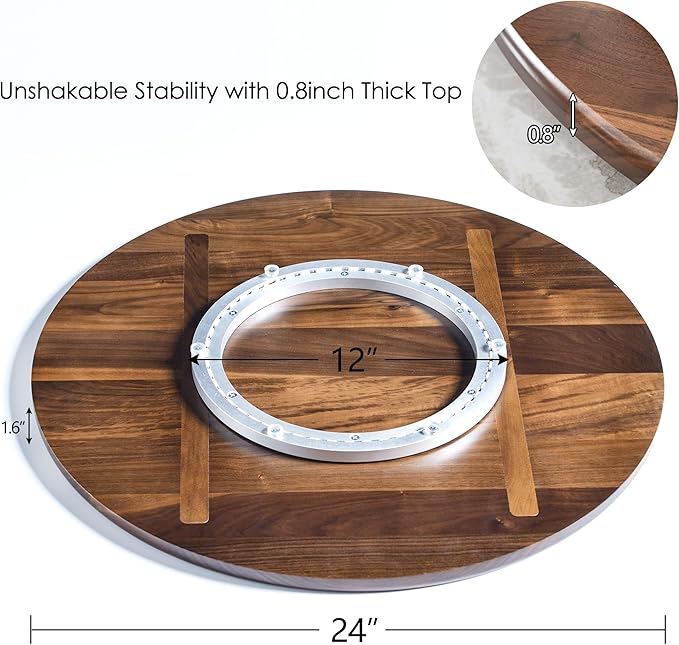 24 Inch Round Lazy Susan Turntable, 0.8” Thick Solid Black Walnut Rotating Tray with 12" Wide Swivel Base, Reinforced Back for Non-Deforming, 100% FSC Certified for Dining Table