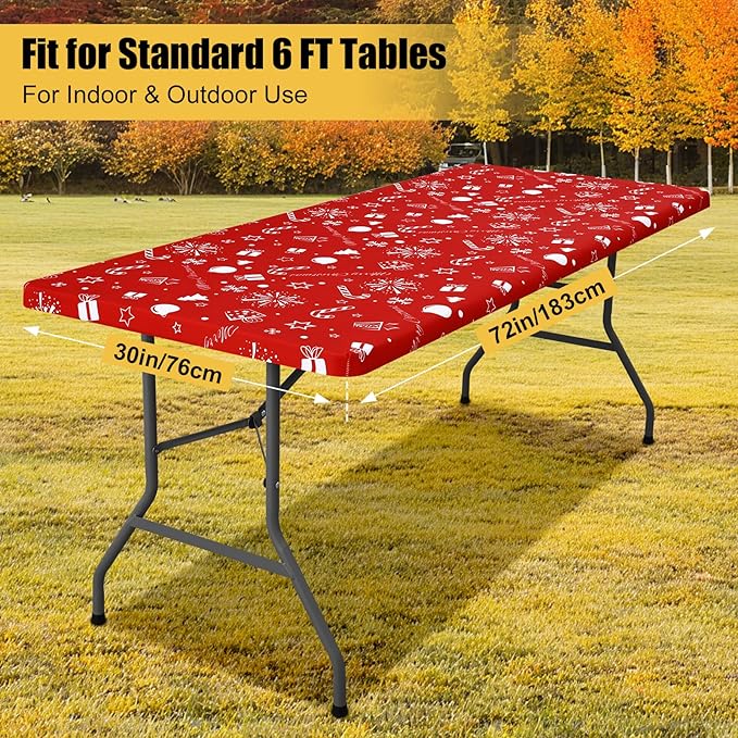 Smiry Rectangle Christmas Table Cloth, Waterproof Elastic Fitted Tablecloths for 6 Foot Tables, Washable Polyester Table Cover for Christmas Dinner (Snowflower, 30"x72")