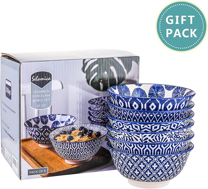 Selamica Blue and White Porcelain 20oz Cereal Bowl Set - Set of 6, 6 inch Soup Bowls, Ceramic bowls for Cereal, Soup, Salad and Pasta, Vintage Blue
