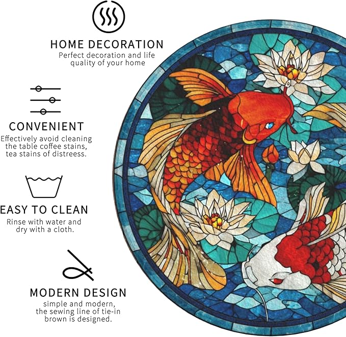Fish Coasters Leather Round Drink Coasters 6 Pcs Set with Holderor for Cup Drink Coffee Table Bar Home Decor