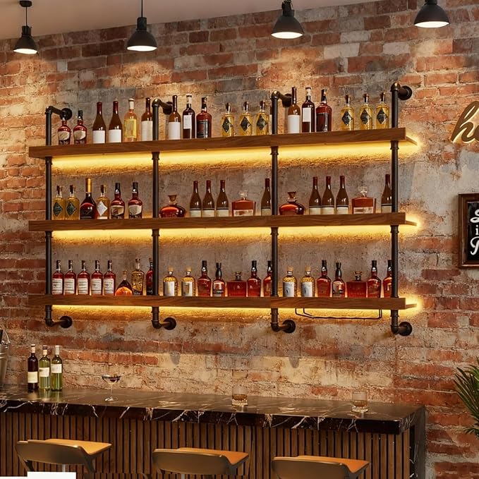 86.6in Large Wine Rack with LED Light Solid Wood Wall Mounted Wine Rack, 3-Tiers Liquor Bottles Floating Shelves Display Storage Organizer for Home Bar & Dining Room (220cm/86.6in)