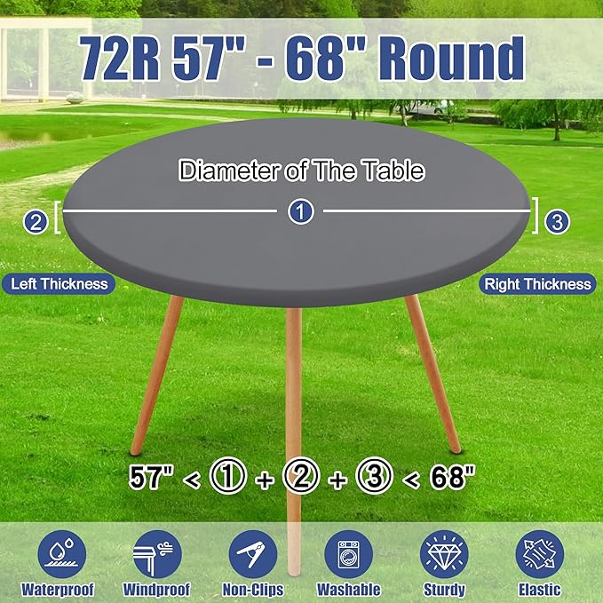 Round Spandex Tablecloth 2 Pack, Elastic Fitted Waterproof Tablecloths for 57"-68" Tables, Stretch Washable Picnic Table Cover for Camping, Dining, Indoor and Outdoor, Grey