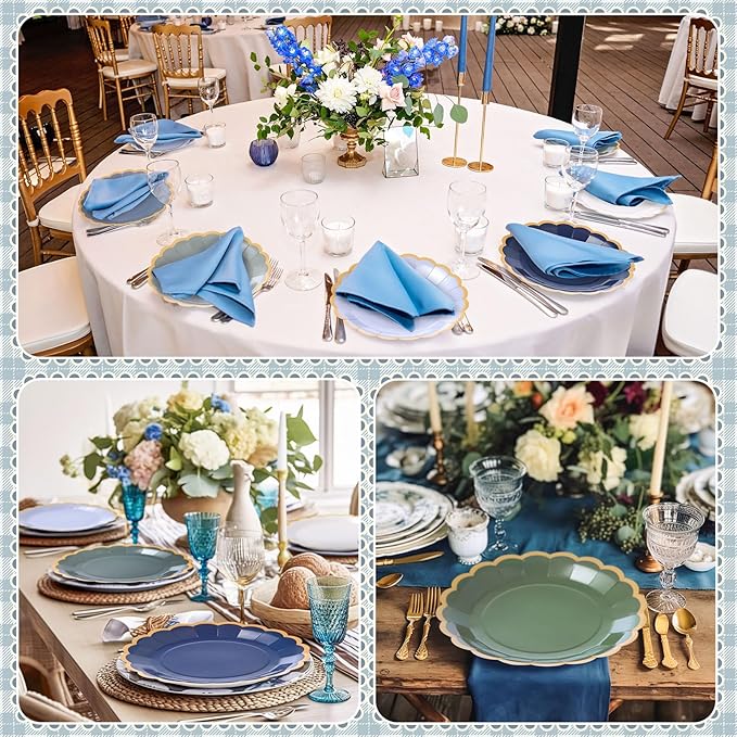 96 Pcs Dusty Blue Sage Green Paper Plates 9 Inch Green Blue Scalloped Paper Disposable Dinner Dessert Plates for Birthday Wedding Bridal Party Supplies, 6 Colors