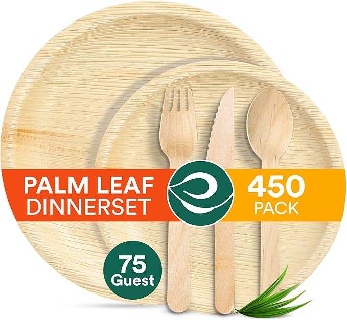 ECO SOUL 100% Compostable Palm Leaf Dinnerware Set For 75 Guests [10", 6" Round plates 75 Count each | Fork, Knife, Spoon,100 Count each] | Biodegradable Disposable Utensils for Wedding, Parties & BBQ