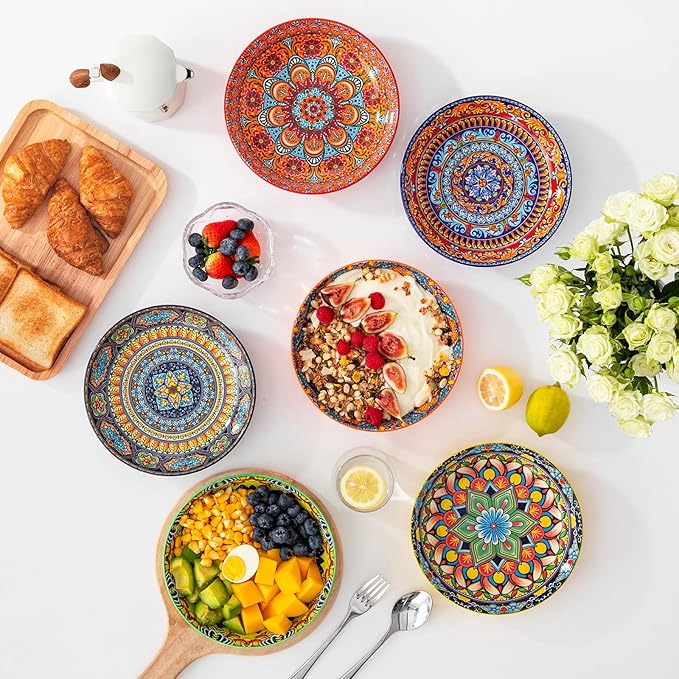 vancasso 32 Oz Pasta Bowls, Porcelain Large Colorful Salad Soup Bowls Set of 6, Dishwasher & Microwave Safe, Pasta Serving Bowls Plates for Kitchen, Dishwasher & Microwave Safe, Series KRVI