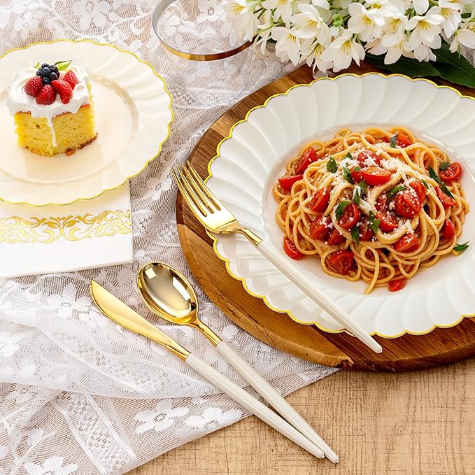 Ciaell 175 PCS Ivory Scalloped Plastic Plates - Gold Disposable Plates Fancy High-end Dinnerware Sets for Wedding & Party (25 Guests)