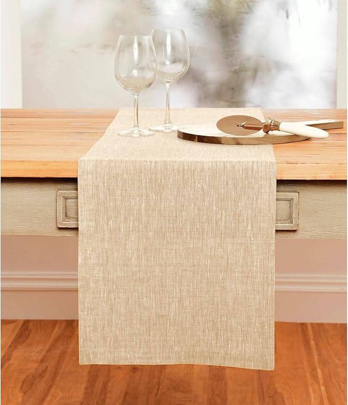 Solino Home Linen Table Runner 90 Inches Long - Athena, 100% Pure Linen Champagne Beige 14 x 90 Inch Table Runner for Dining, Spring, Easter
