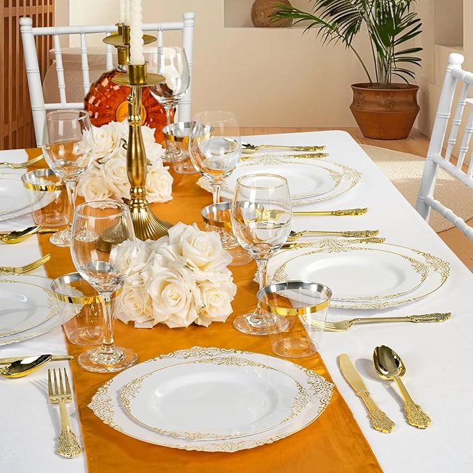 175PCS Gold Plastic Plates for 25 Guests, Disposable Dinnerware Sets Include 50 Gold Rim Plastic Plates, 25 Silverwares, 25 Cups, and 25 Pre Rolled Napkins for Party, Wedding and Graduation