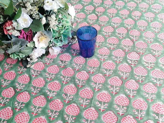 ATOSII Roma Green 100% Cotton Rectangle Spring Summer Tablecloth, Handblock Floral Table Cloth Linen for Kitchen Dining I Parties Wedding Outdoors Easter Picnics Holidays I 72 X 140 Inches I 12 Seater