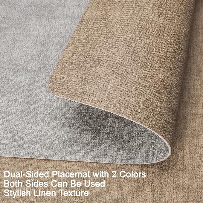 Myir JUN Reversible Vinyl Placemats Set of 6, Faux Leather Place Mats Dual Sided Waterproof Oilproof Wipeable, Heat-Resistant Table Mats for Kitchen Dining Indoor Outdoor (12" x 17", Light Gray Beige)