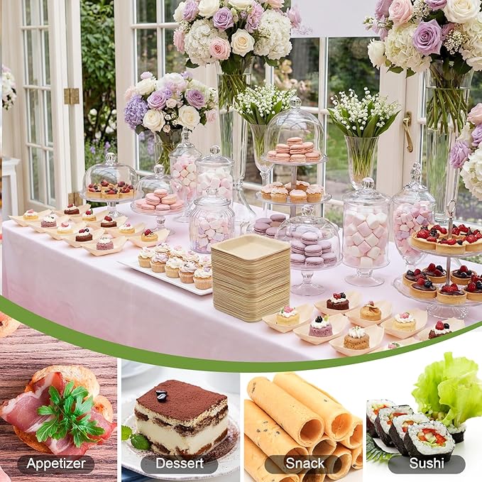 LemonRoad 600 Pcs Disposable Bamboo Appetizer Plates 4" Included 300 Mini Wood Boat Plates Dishes and 300 Small Square Palm Leaf Bowls Sushi Dish Serving Tray Food Container for Catering Home Wedding