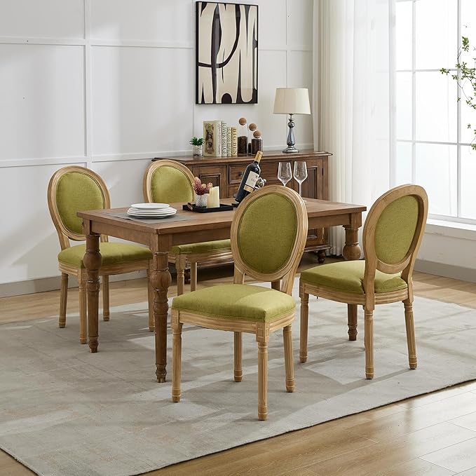 Vintage French Dining Chairs Set of 4, Round Back Upholstered Accent Chairs in Linen Fabric with Solid Wood Frame, Farmhouse Sillas de Comedor for Dining Room & Kitchen, Olive Green