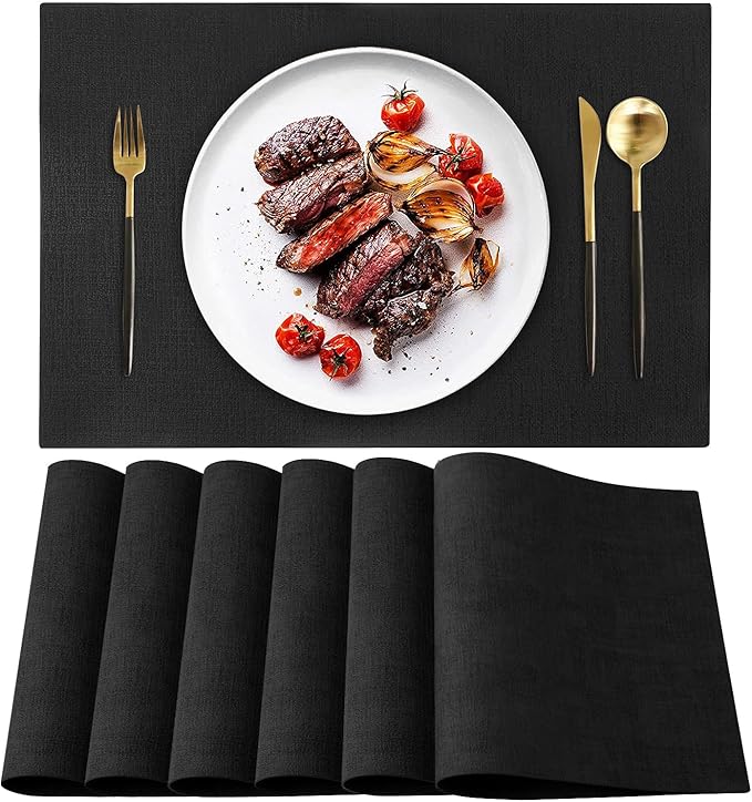 Leather Heat Resistant Placemats Set of 6 Waterproof Wipeable Washable PU Table Mats,Easy to Clean Anti-Slip Place Mats (Black, 6)