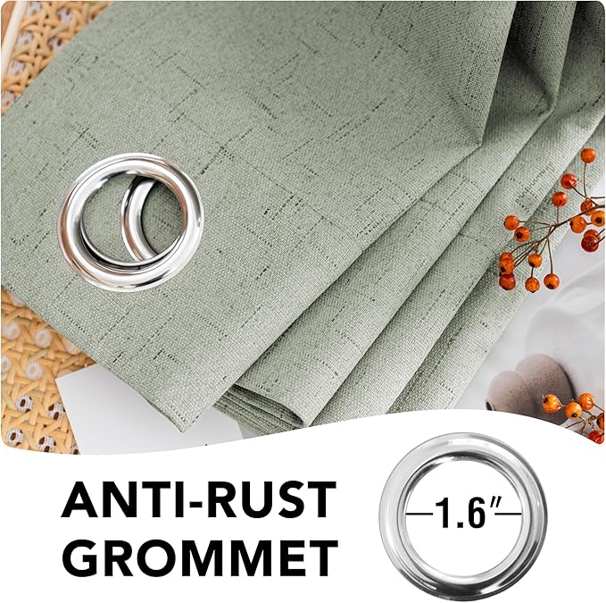 H.VERSAILTEX Primitive Linen Curtains 100% Blackout Curtain Drapes Burlap Fabric Curtains with White Thermal Insulated Liner, Grommet Top Drapes Living Room/Bedroom (2 Panels, 42 x 45 Inch, Sage)